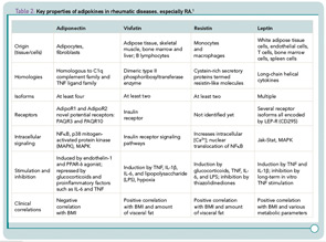 Table 2: Key properties of adipokines in rheumatic diseases, especially RA.