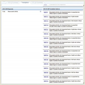 Example 1.a.2: RA—The Translation tab demonstrates the numerous possible ICD-10 codes (right) that correspond to the single ICD-9 code for RA.