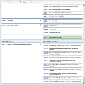 Example 3.2 continued: Joint Injection—The Translation tab demonstrates the numerous ICD-10 diagnosis codes (top right) that correspond to the ICD-9 codes for RA, chronic pain and pain in the joint, lower leg. The tab also demonstrates the possible ICD-10 procedure codes (bottom right) that correspond to the ICD-9 code for injection of therapeutic substance into joint/ligament.