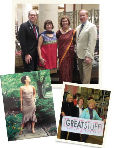 Top: Dr. Von Feldt and her husband (right), along with David and Corinne Karp, on their way to a gala for the Indian Rheumatology Association meeting in Kochi, India. Bottom left: Dr. Von Feldt’s daughter, Christine, in her prom dress. Bottom right: Dr. Von Feldt at Great Stuff, with volunteers Kathy and Bonnie.