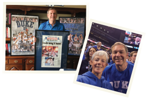 Dr. St.Clair in his home office, showing off his Duke memorabilia. Dr. Bill St.Clair and his wife, Barb, at the 2015 NCAA basketball championship game in Indianapolis.
