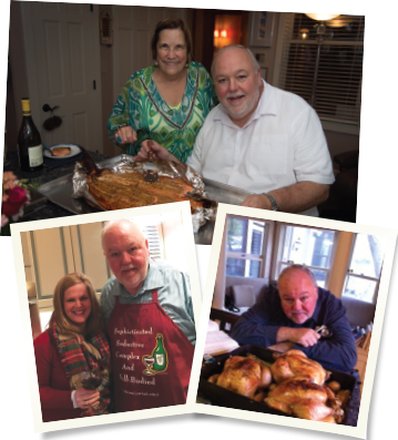 Top: Dr. Flood prepared this Oregon king salmon for a pretour dinner. Bottom left: Mary Wheatley, IOM, CAE, executive director of the Rheumatology Research Foundation, with Dr. Flood, wearing his favorite apron. Bottom right: Dr. Flood prepared these roasted chickens for a meal with friends.