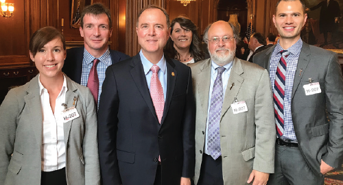 ACR President David Daikh, MD, PhD, with Rep. Adam Schiff (D-CA-28) and California rheumatology advocates. From left: Christina Downey, MD; William Robinson, MD, PhD; Rep. Schiff; ARHP President Sandra Mintz, MSN, RN; Dr. Daikh; and Matthew Baker, MD.