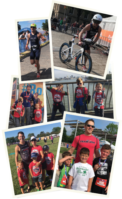 top: Dr. Phillips, running in the 2018 ITU Long Course World Championship in Odense, Denmark (left), and at the 2017 ITU Olympic Distance World Championship in Rotterdam, The Netherlands. middle: Dr. Phillips with his three sons at the 2017 Olympic Distance World Championships in Rotterdam, The Netherlands (left), and his three sons at the 2017 Olympic Distance World Championships in Rotterdam, The Netherlands. bottom: Dr. Phillips with his family at the Age Group National Championship in Omaha in 2016 (left), and with his three sons at the 2018 Half Ironman in Chattanooga, Tenn.