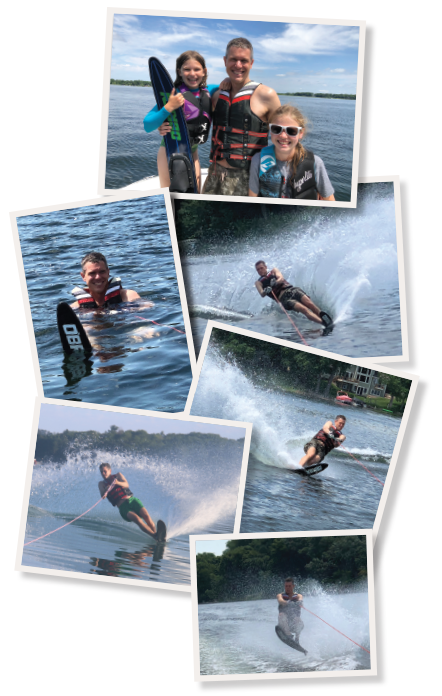 TOP: Dr. Binstadt with his daughters, Annika (left) and Kensi, on White Bear Lake in Minnesota. LEFT: Dr. Binstadt getting ready to water ski on White Bear Lake. RIGHT: Dr. Binstadt waterskiing at Little Glen Lake in Michigan.