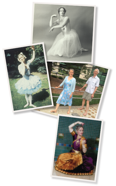 top: Dr. Guggenheim dancing ballet at age 26 at a university theater middle left: Dr. Guggenheim in a stance from How Swans Really Die. middle right: Dr. Guggenheim and her husband, David, walk on a traditional Chinese stone path. bottom: Dr. Guggenheim, age 58, performs the Bharata Natyam at a community theater.