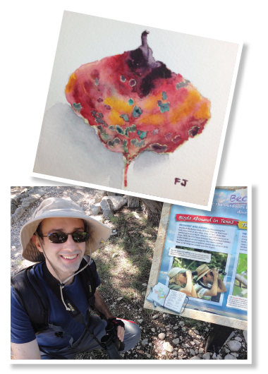 TOP: One of Dr. Jamalyaria’s watercolors. BOTTOM: Dr. Jamalyaria on one of his birding trips in front of a sign in a Texas state park. The sign has a photograph of Dr. Jamalyaria on it taken by Texas Parks & Wildlife when he first started birding.