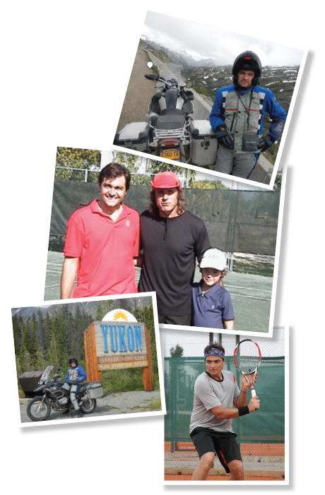 TOP: Dr. Valenzuela at Atigun Pass in Alaska. MIDDLE: From left, Dr. Valenzuela, tennis pro Guillermo Vilas and Dr. Valenzuela’s son, Matias. BOTTOM LEFT: Dr. Valenzuela at the gateway to the Yukon in northwest Canada. BOTTOM RIGHT: Dr. Valenzuela practices his backhand.