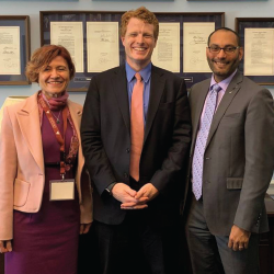 Drs. Fatma Dedeoglu and Will Harvey with Rep. Joe Kennedy (D-Mass.; middle).