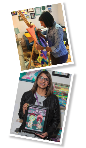 Top: Dr. Patel works on a mixed media piece<br> Bottom: Dr. Patel holds her collage, All Through the Night. It was displayed at an art show in Chicago in 2018.