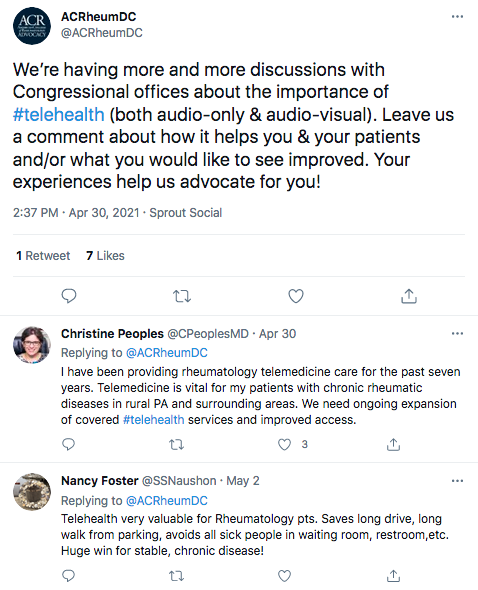 A tweet about discussions with Congressional offices about telehealth, followed by two replies