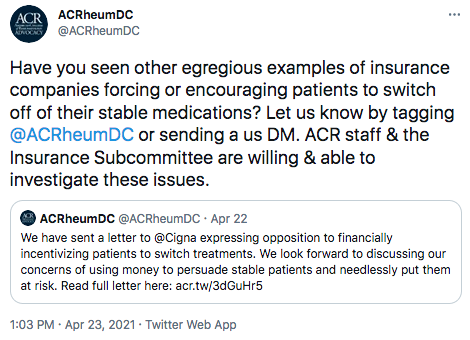 tweet detailing the goals of @ACRheumDC Twitter account