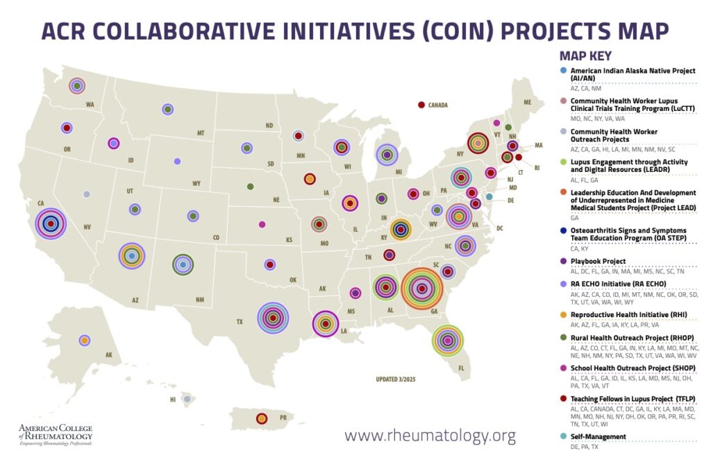 A US map with icons indicating the locations of various projects by the Collaborative Initiatives Committee.