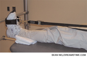 FIGURE 1: This fixed dynamometer has a plinth that allows for easy patient access and non-elastic straps attached to a frame to provide stabilization during strength testing.