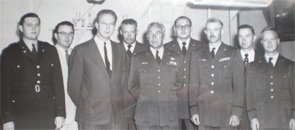 Staff of the Streptococcal Disease Laboratory. From left to right:  Frank Catanzaro, Frank Yoder, Charles Rammelkamp, Earl Marple, unknown, Alton J. Morris, Col. John Guerin, unknown, and Bob Chamovitz.