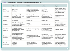 Table 2: Key properties of adipokines in rheumatic diseases, especially RA.