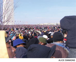 A confetti of Americans watches the inauguration of President Obama.