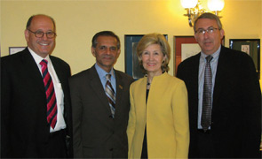 Pictured here, from left to right, are ACR Treasurer David Borenstein, MD; Government Affairs Committee Chair Sharad Lakhanpal, MD; Senator Kay Bailey Hutchison (R-Texas); and ACR President-elect Stan Cohen, MD, during an advocacy visit.