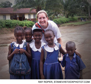Dr. Ruth (back) with schoolchildren. Six years of primary education and three years of secondary education is required for all children living in Sierra Leone. Unfortunately, the war destroyed many of the schools. Since the war, educational opportunities have improved significantly with the help of many of the religious groups in the region.
