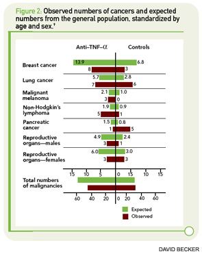 Figure 2: Observed numbers of cancers and expected numbers from the general population, standardized by age and sex.