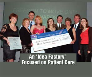 Cornell and colleagues accepting the Freedom to Move On award. Back (left to right): Rob Marshall, former registrar (now a rheumatologist in Bristol); Robert Field, podiatrist; Paul Thompson, rheumatologist. Front (left to right): Trish Cornell; Julia Taylor, research nurse practitioner; Jane SeQueira, physiotherapist; Fouz Rahmeh, rheumatologist; Ann Trehane, rheumatology practitioner; and Sarah Westlake, rheumatologist.