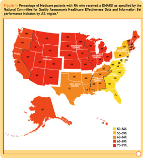 Figure 1: Percentage of Medicare patients with RA who received a DMARD as specified by the National Committee for Quality Assurance’s Healthcare Effectiveness Data and Information Set performance indicator, by U.S. region.