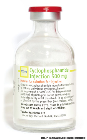 Cyclophosphamide (cytophosphane) chemotherapy drug used to treat lymphoma, brain cancer, leukemia and some solid tumors. This nitrogen mustard alkylating agent is a cytotoxic drug because it interferes with the DNA (deoxyribonucleic acid) genetic material in cancer cells, causing cell death.