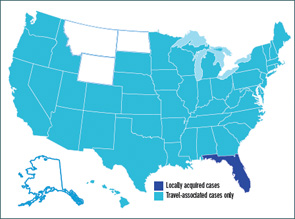 Figure 1: Chikungunya virus disease cases reported by state—United States, 2014 (as of Oct. 7, 2014)<br />
